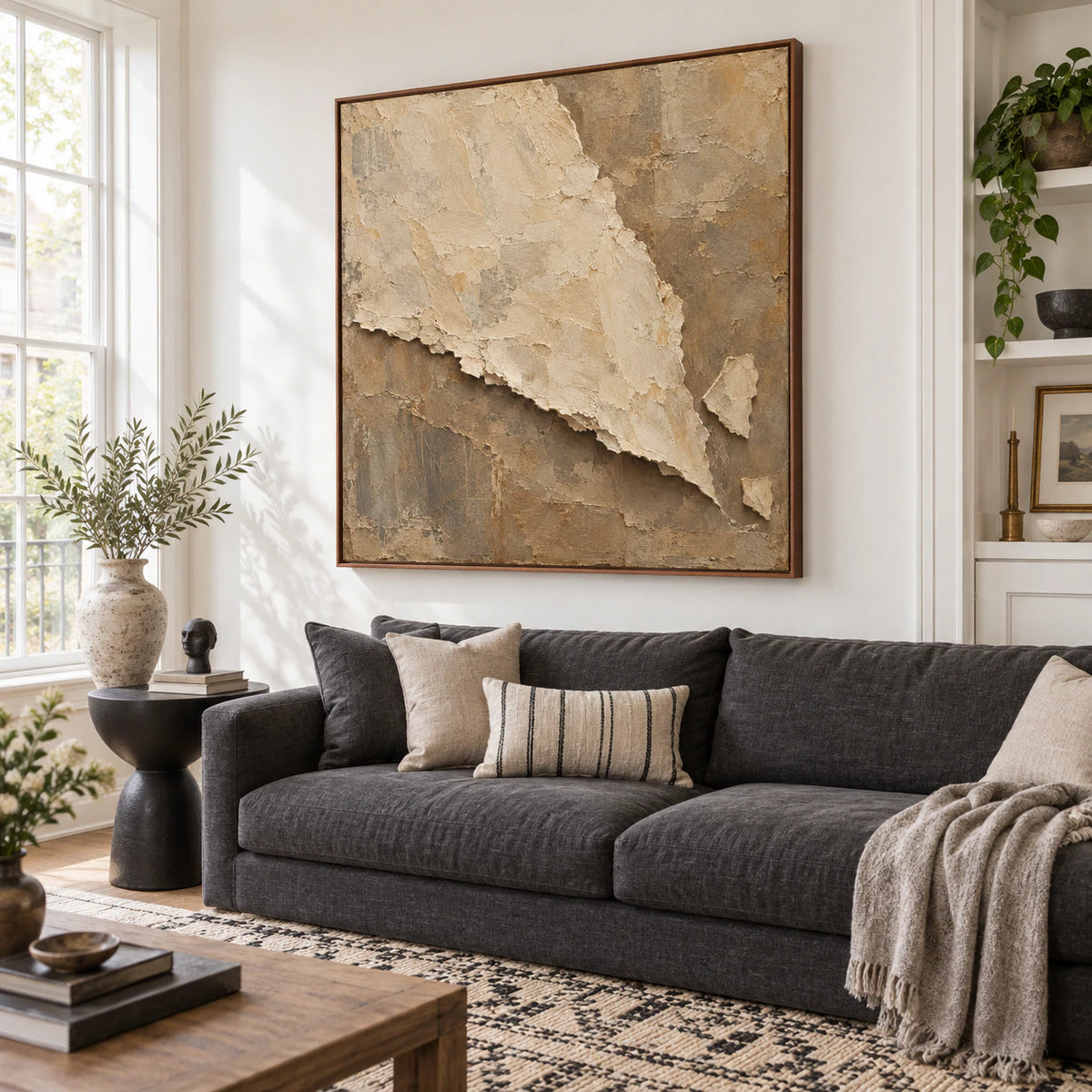 Square ivory and taupe textured artwork above a bright contemporary living room seating arrangement.