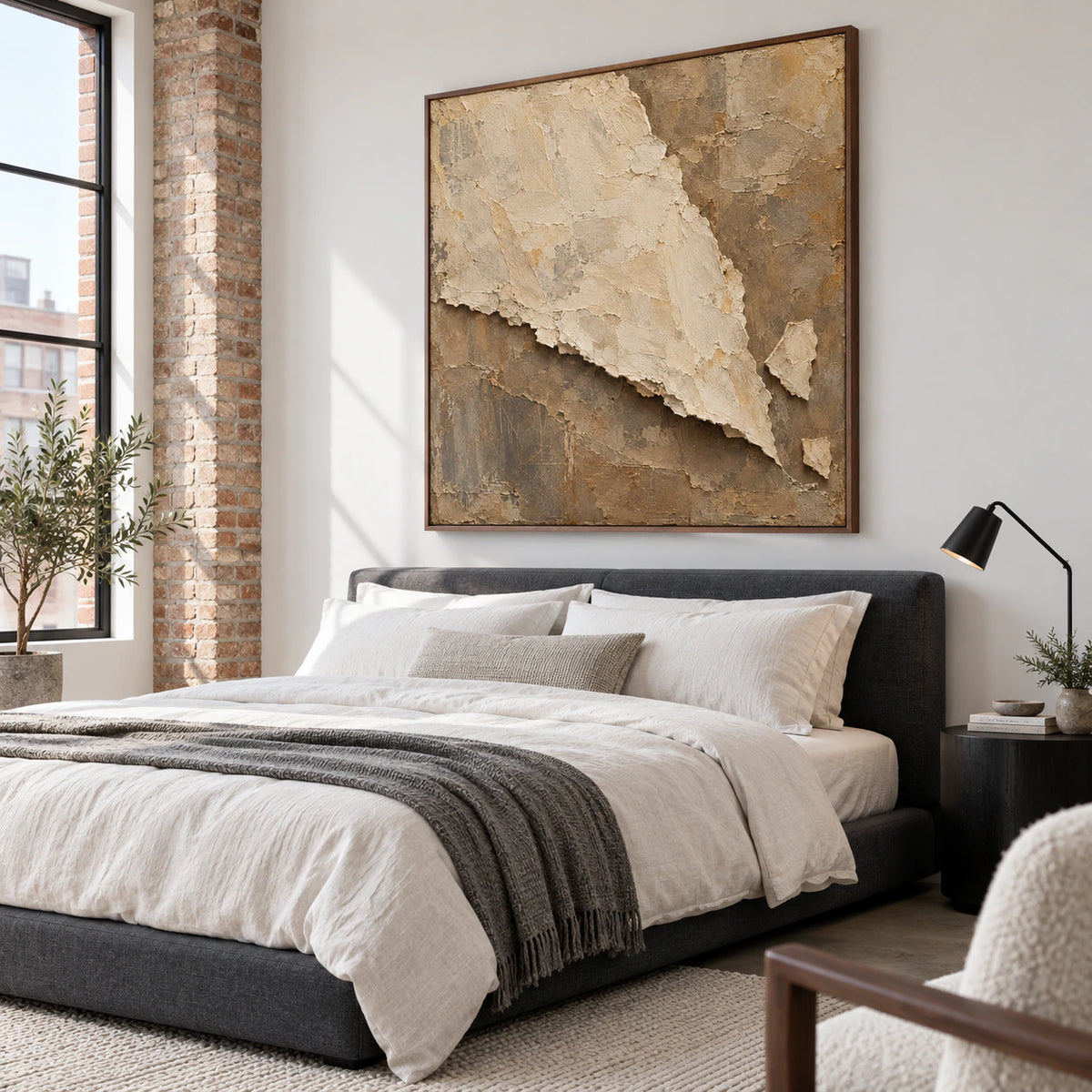 Square ivory and taupe textured artwork above a quiet neutral bedroom setting.