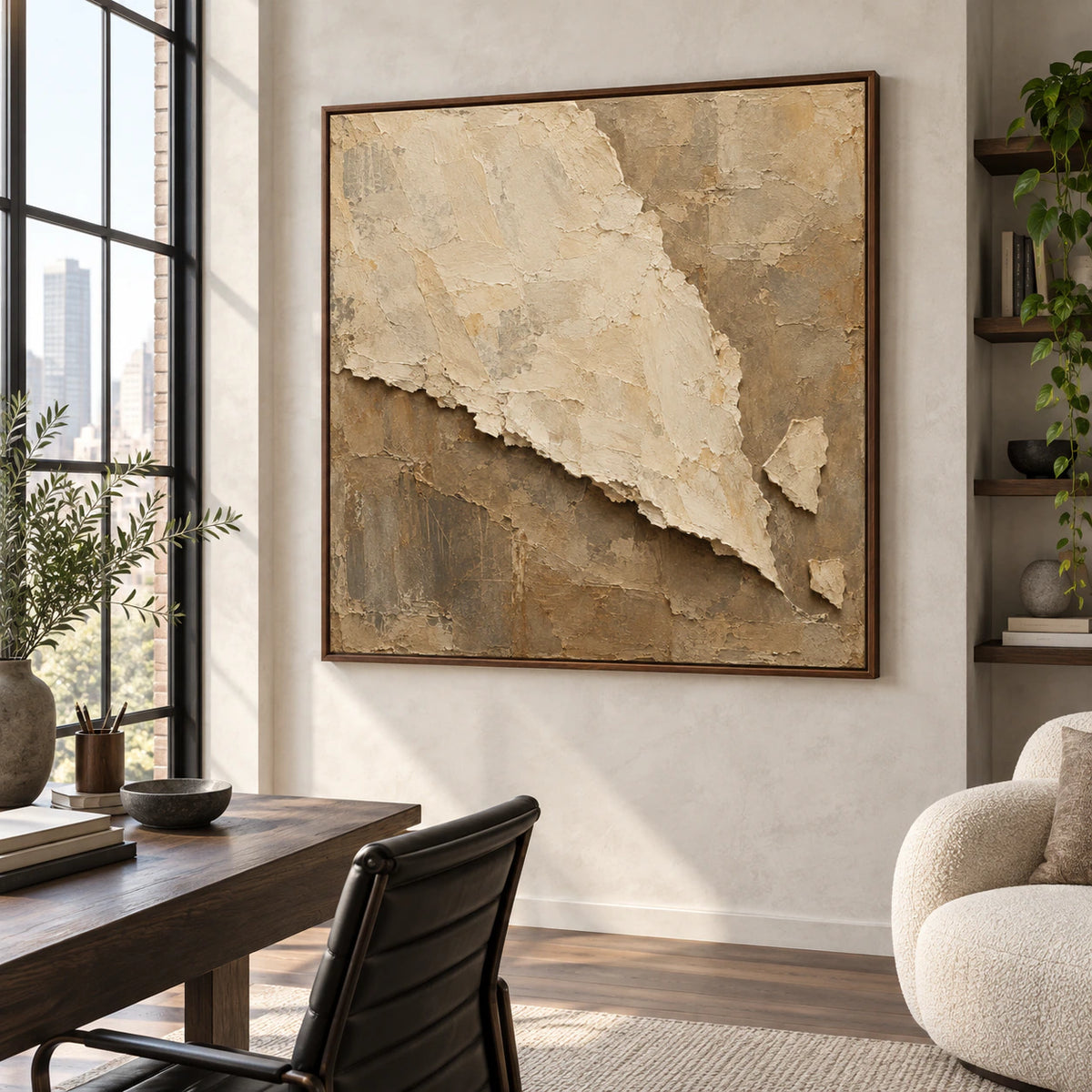 Square ivory and taupe textured artwork in an airy home office reading space.