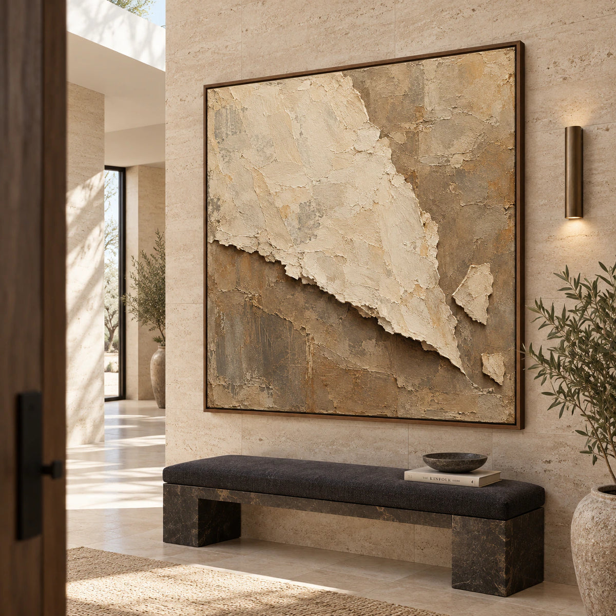 Large square ivory and taupe textured artwork in a gallery-scale foyer.
