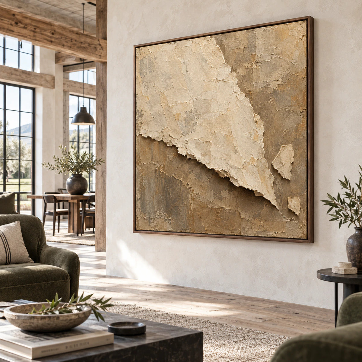Large square ivory and taupe textured artwork in an expansive loft hospitality interior.