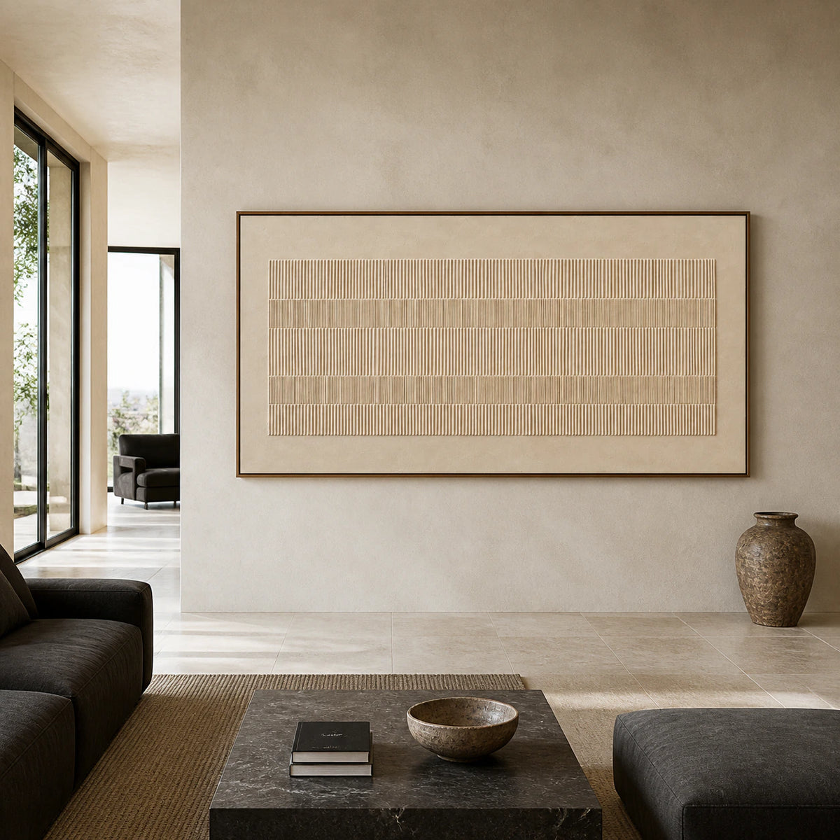 Silt-Rhythm displayed at large scale on a broad gallery wall in a bright, straight-on interior.