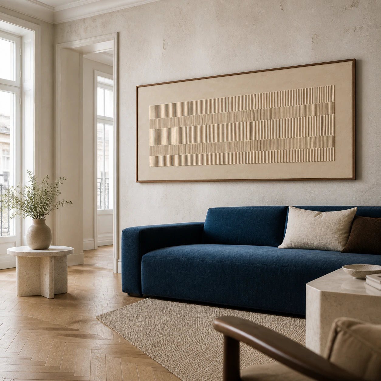 Silt-Rhythm above a sculptural sofa in a bright contemporary living room.
