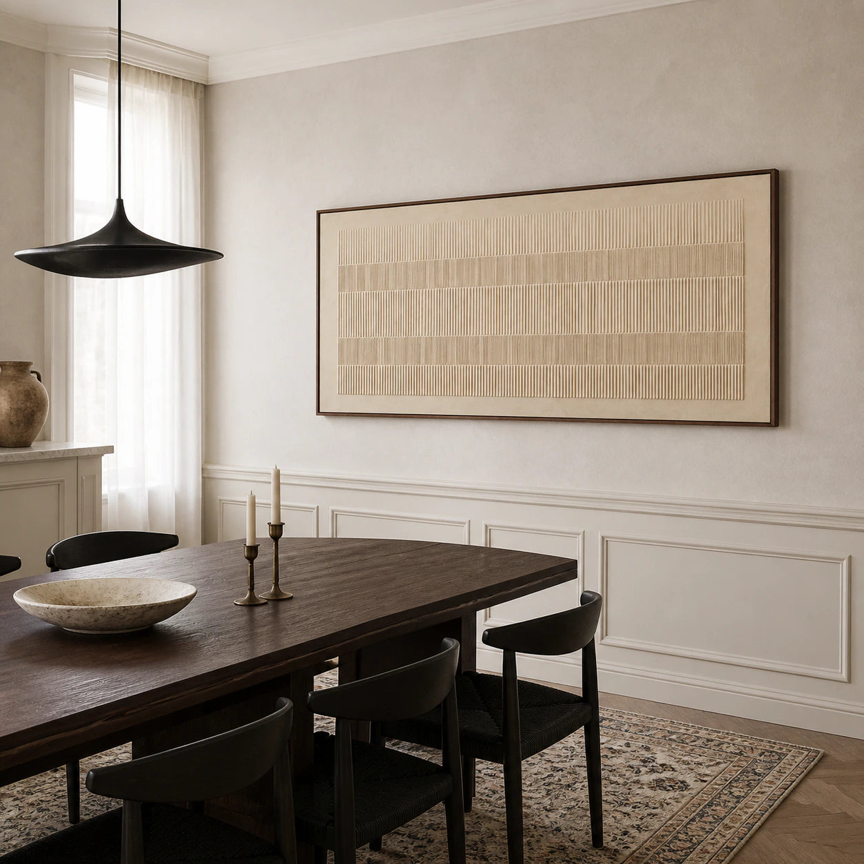 Silt-Rhythm in a refined daylight dining room with a long table.