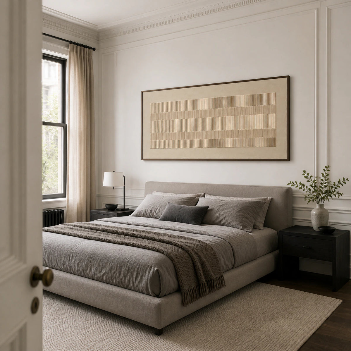 Silt-Rhythm above a low bed in a quiet, softly lit bedroom.