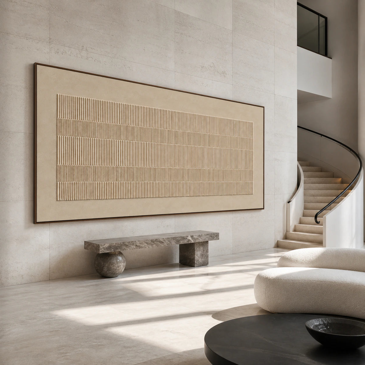 Silt-Rhythm at gallery scale in a tall, light-filled foyer.