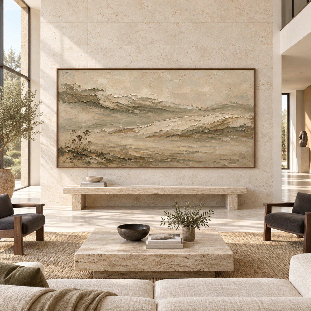 Large panoramic Silt-Ridge painting displayed straight-on in a bright, expansive architectural living space.
