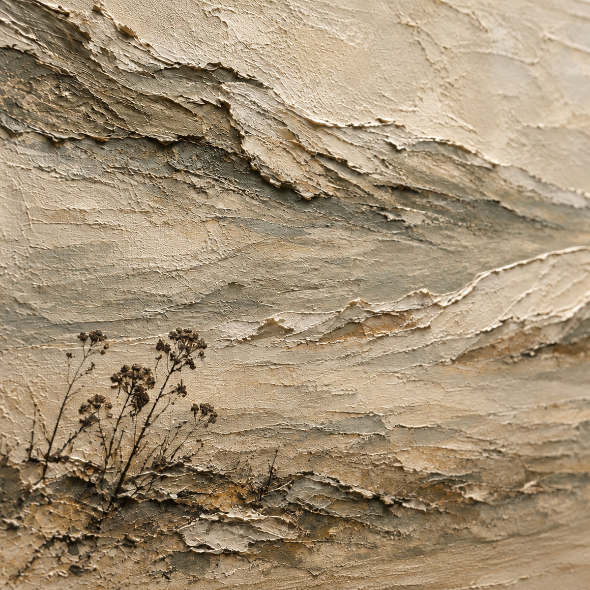 Silt-Ridge oil painting brushwork and impasto detail photographed from an oblique side angle