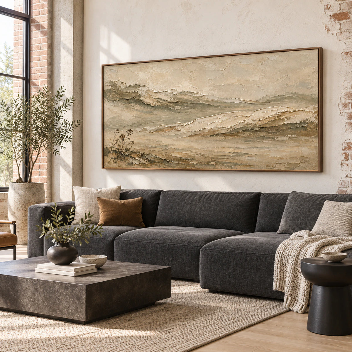 Silt-Ridge panoramic artwork above a restrained sofa in a bright contemporary living room.