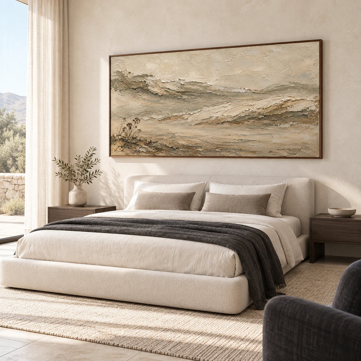 Silt-Ridge wall art above a low upholstered bed in a quiet, softly lit bedroom.