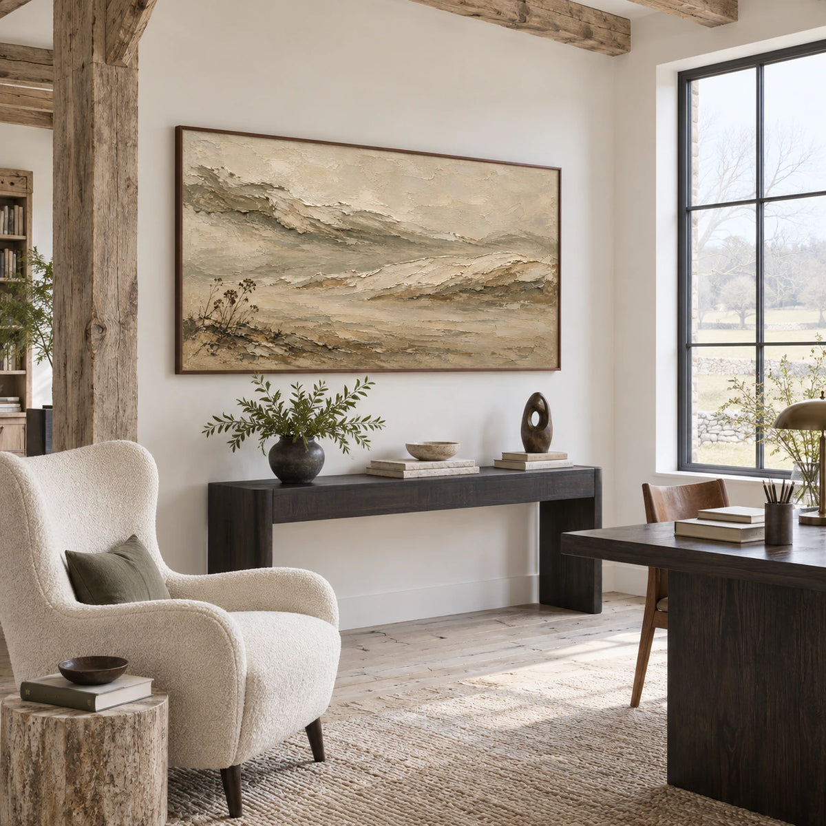 Silt-Ridge panoramic painting in an airy reading and home-office space.
