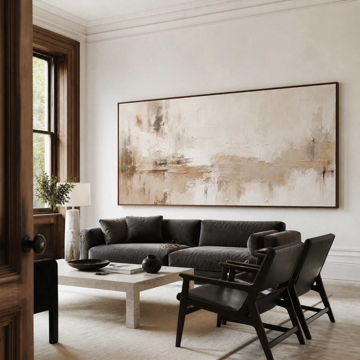 Silt-Threshold as the focal artwork above seating in a bright contemporary living room.