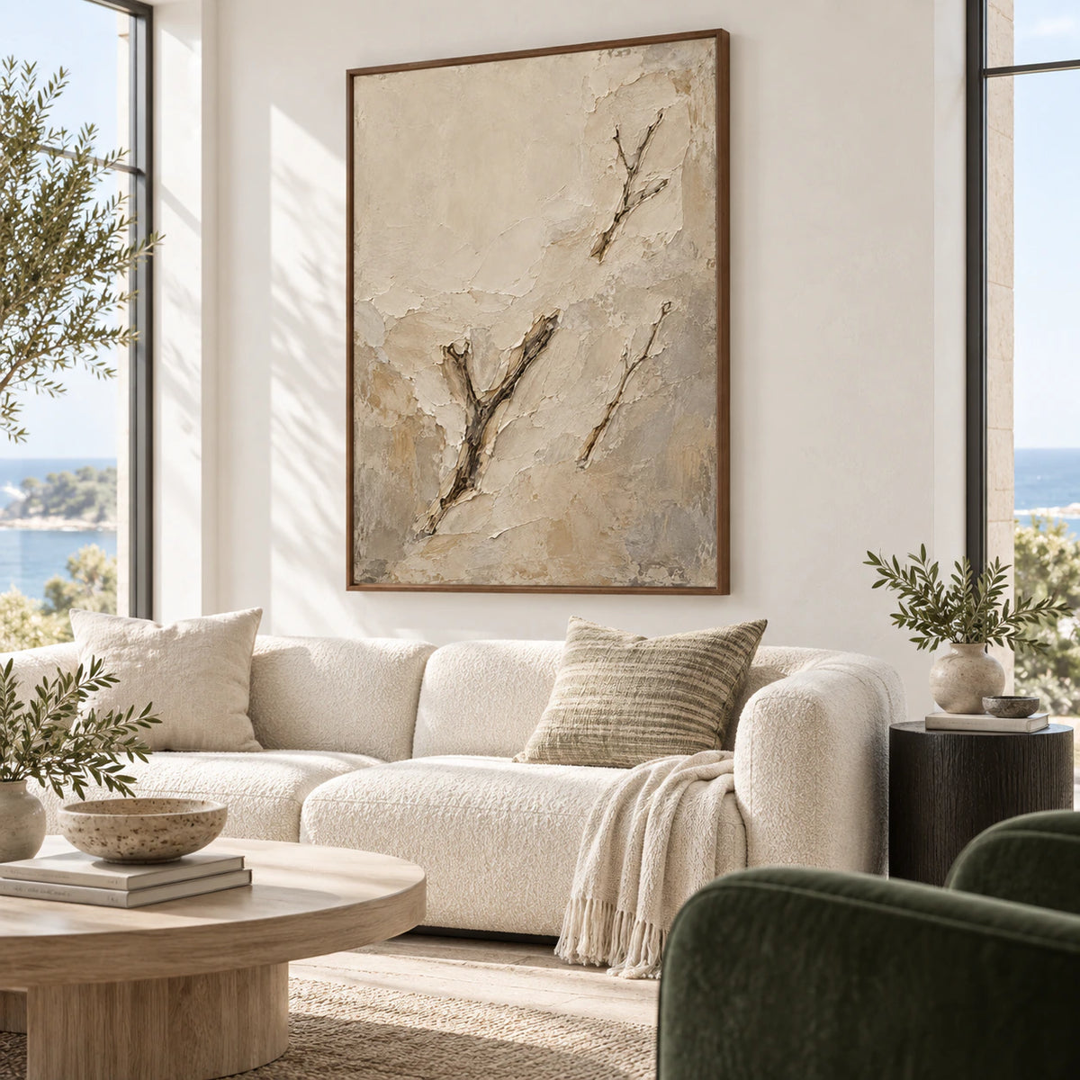 Silted-Bough above a restrained sofa in a bright contemporary living room.