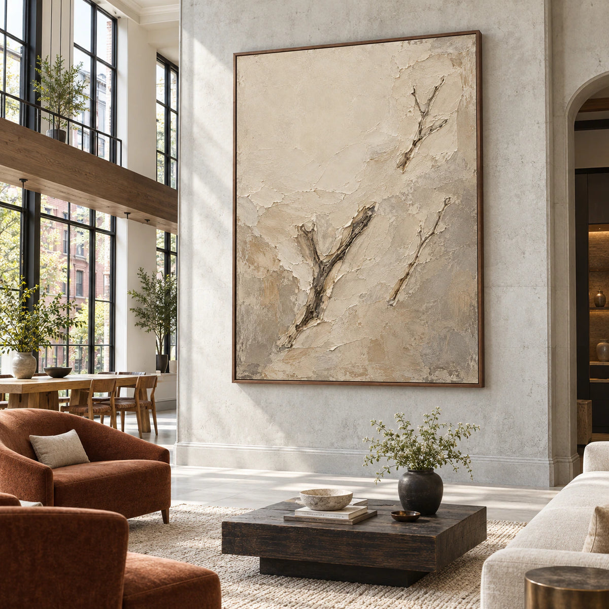 Silted-Bough as a large-scale focal point in an expansive loft hospitality interior.