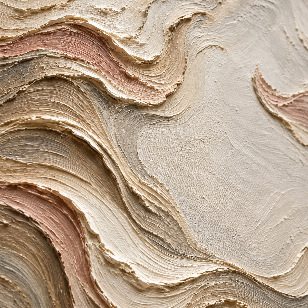 Oblique close-up of the painting’s layered ivory, sand, taupe and clay ridges, with grazing light revealing raised paint and shallow shadows.