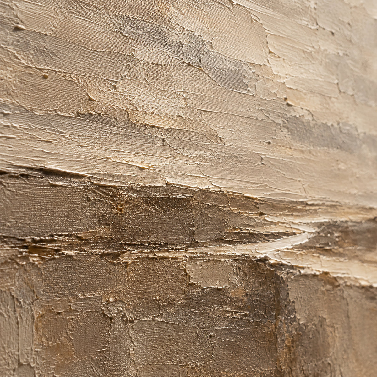 Oblique close-up of Silted-Horizon oil painting, showing raised paint ridges, scraped texture and neutral color transitions under grazing light.
