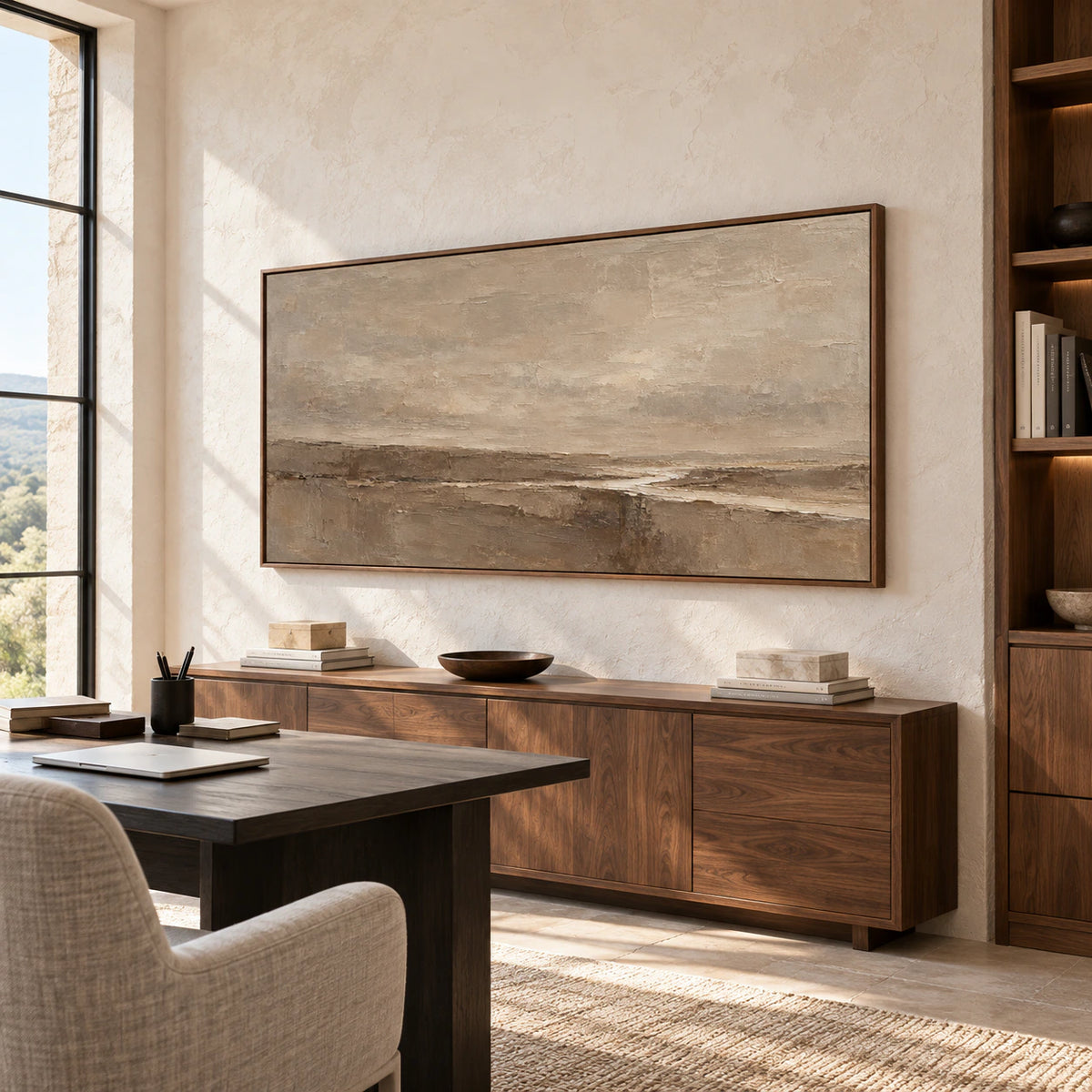 Large abstract painting in an airy office with a black desk, pale gray chair and tall window, viewed from a low right angle in natural daylight.
