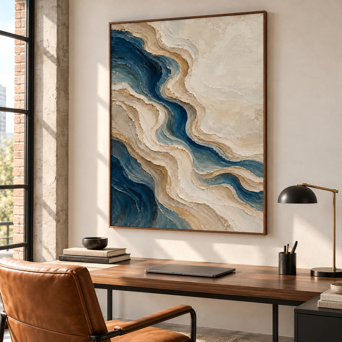 Vertical textured abstract painting anchoring an airy home office with a reading chair and desk.