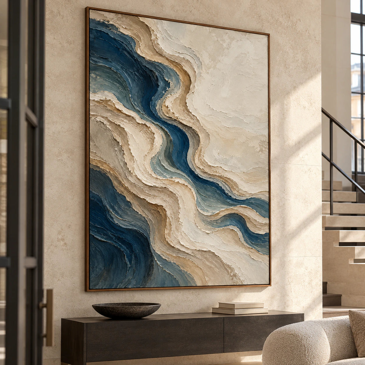 Large vertical abstract painting displayed prominently in a bright, gallery-scale foyer.