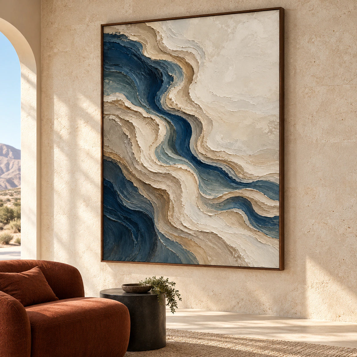 Oversized vertical abstract painting featured in an expansive loft interior with open daylight. 