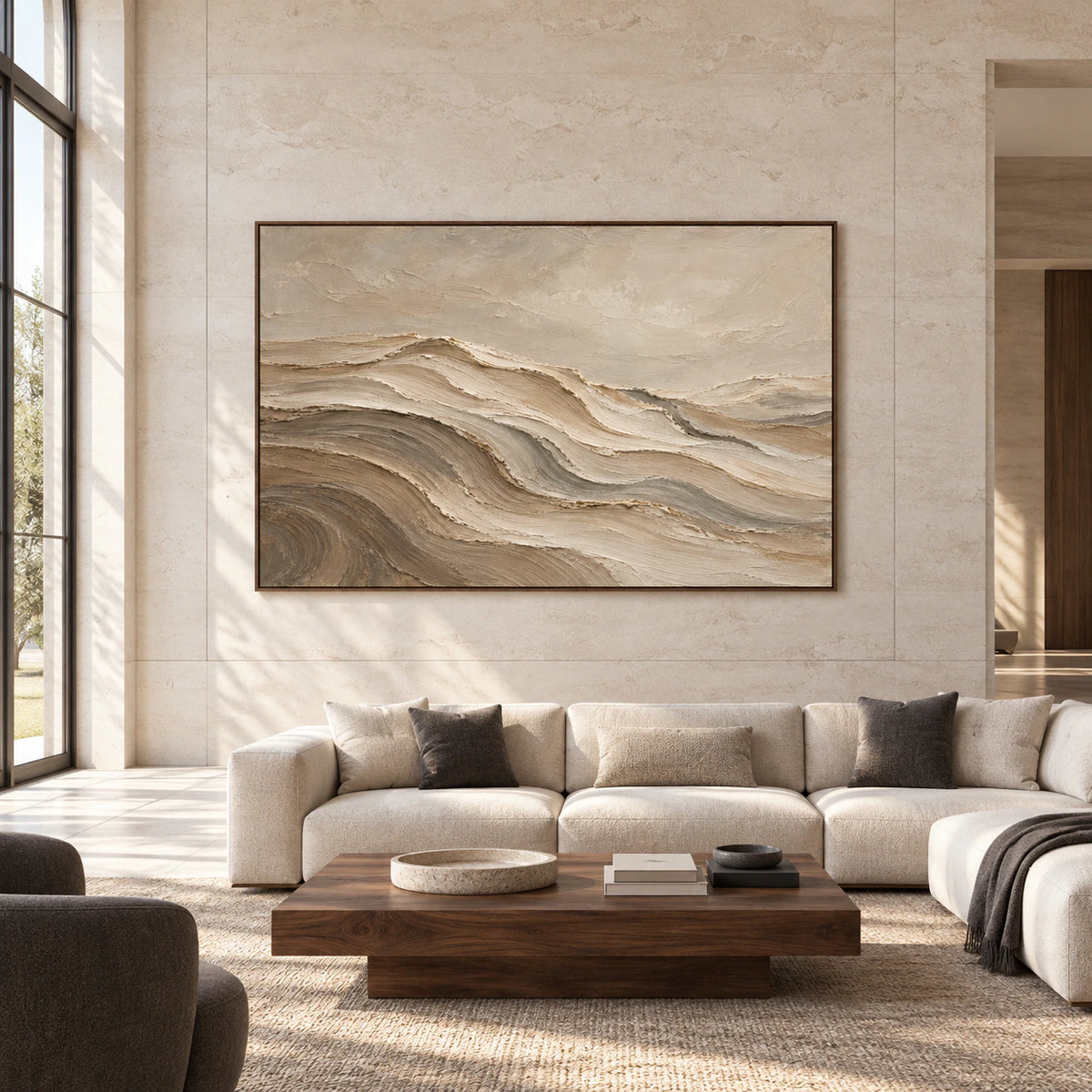 Silted-Ribbons painting viewed straight-on in a bright, open living room with charcoal, pale stone and natural wood furnishings.