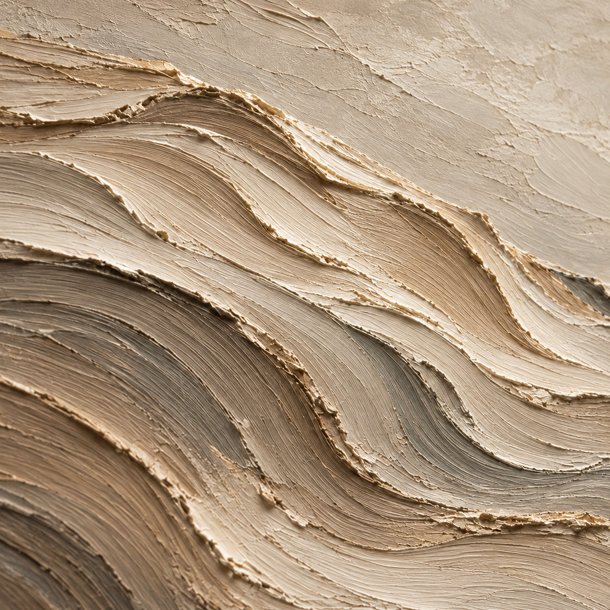 Oblique close-up of Silted-Ribbons showing curved grooves and raised paint ridges in taupe, sand and ivory under grazing light.