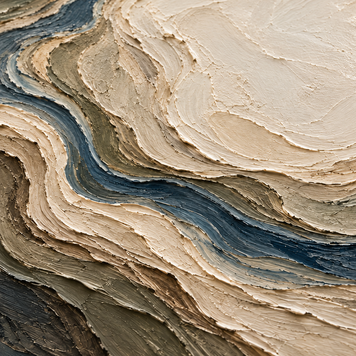 Sinuous-Inlet oil painting brushwork and impasto detail photographed from an oblique side angle