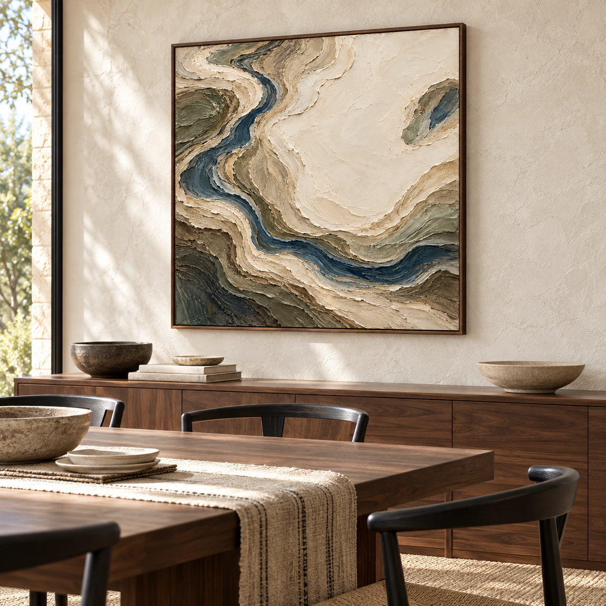 Square textured abstract painting on a pale wall in a refined dining room with a dark wood table.
