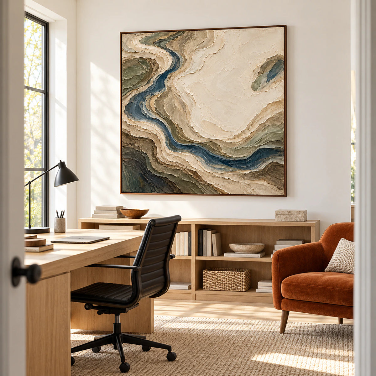 Square textured abstract painting in an airy home office with a desk and open shelving.