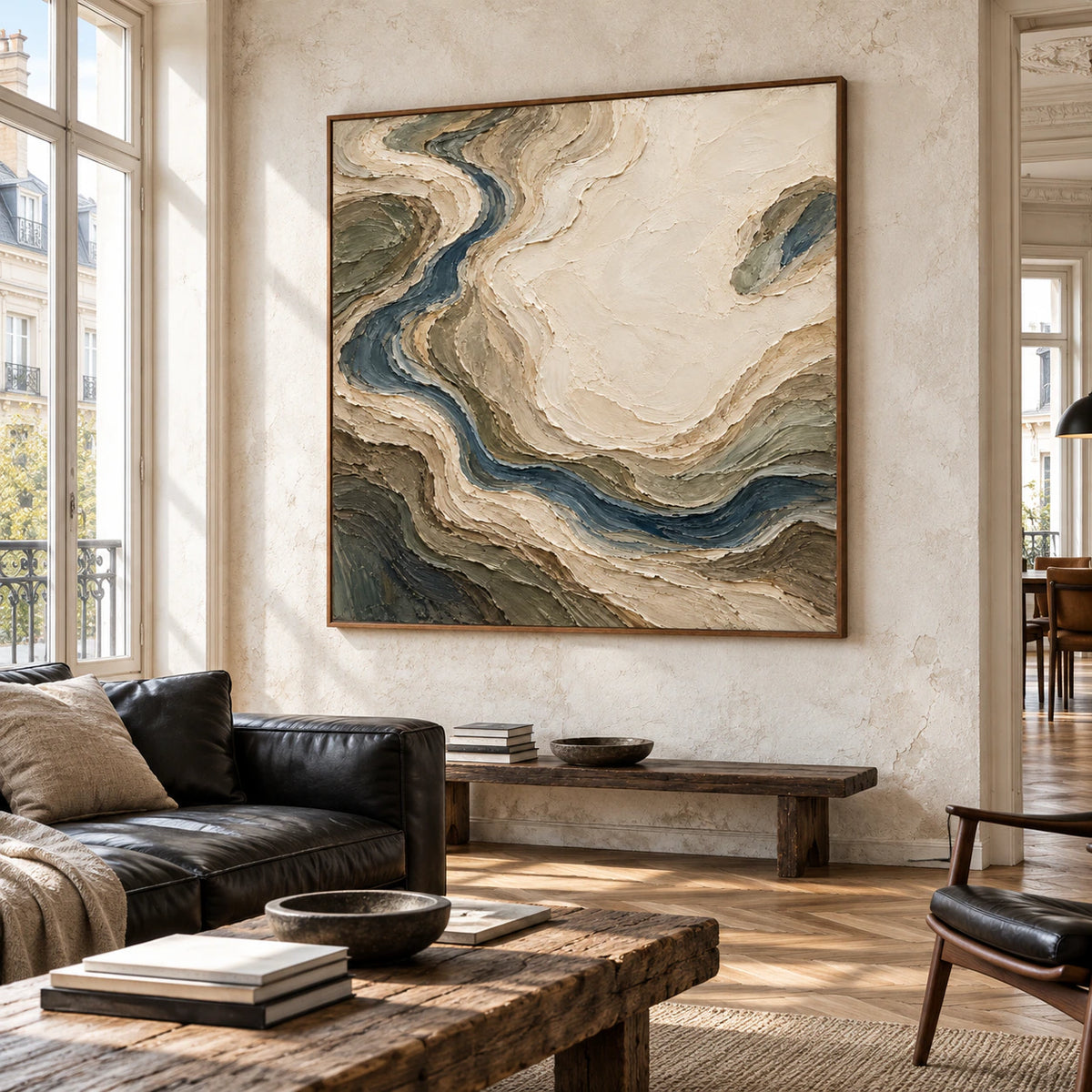 Square textured abstract painting displayed at large scale in a bright loft interior.