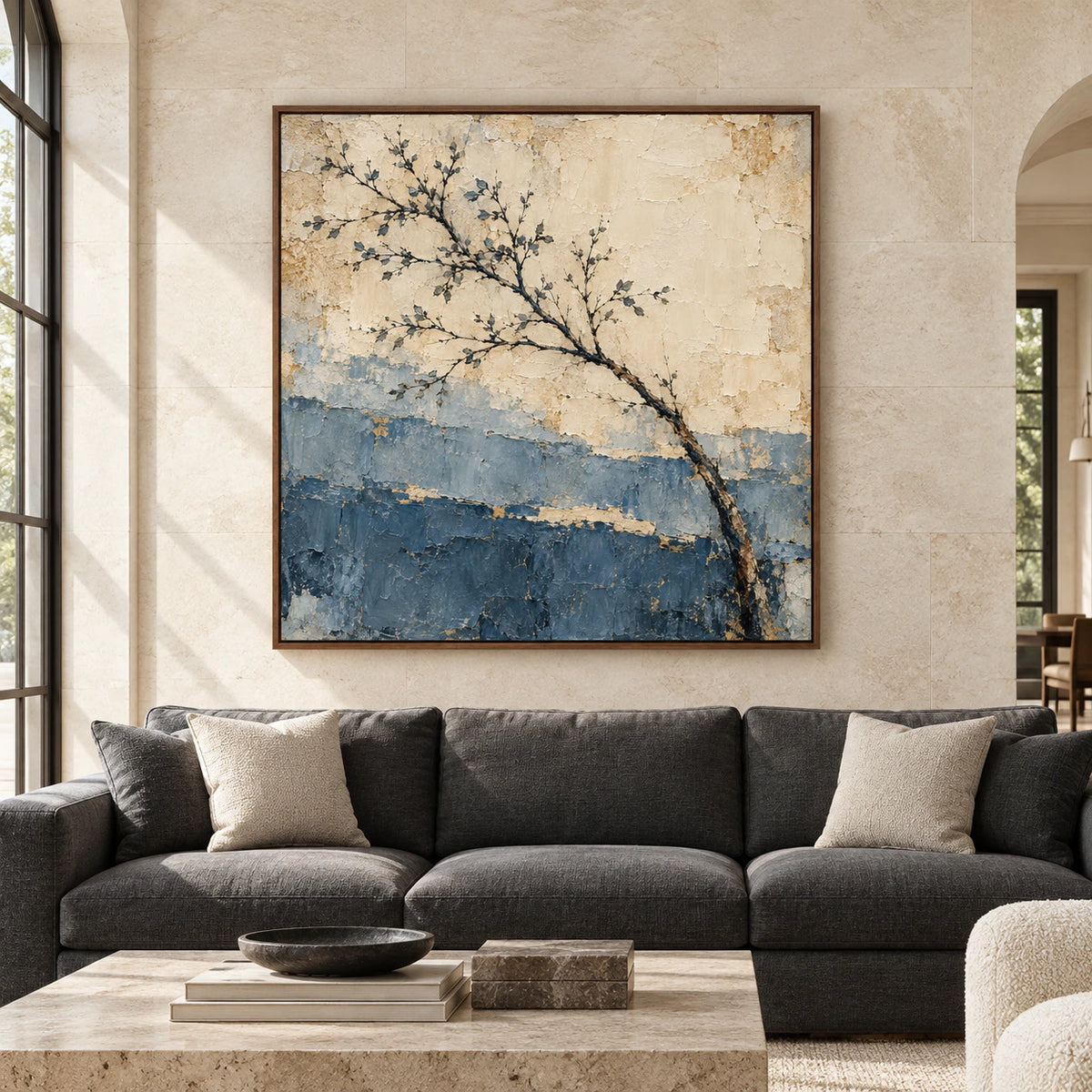 Large square Slate-Arbor painting on a broad pale limestone wall above a low charcoal sofa in a bright, spacious living room, viewed straight on.