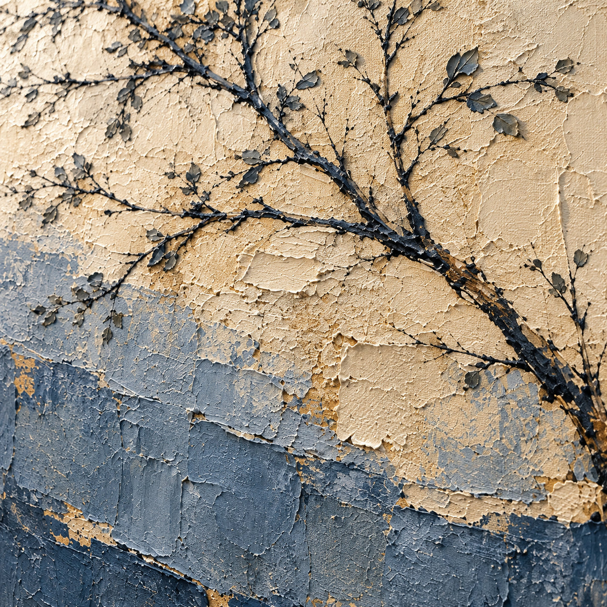 Close detail of Slate-Arbor oil painting viewed from an oblique side angle, with grazing light revealing raised paint, fractured textures and shallow shadows.
