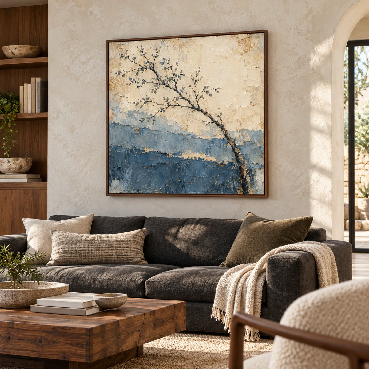 Large square Slate-Arbor painting above a low charcoal sofa in an open living room with pale limestone walls, a restrained rug and natural daylight.