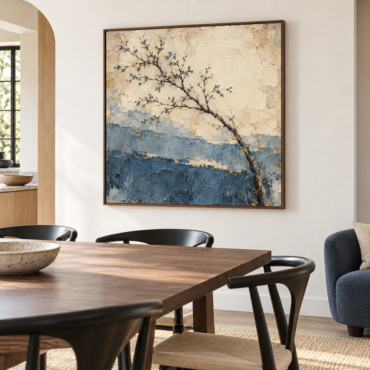 Large square Slate-Arbor painting on a warm white dining room wall behind a dark walnut table and sculptural black chairs, viewed from a gentle left angle.