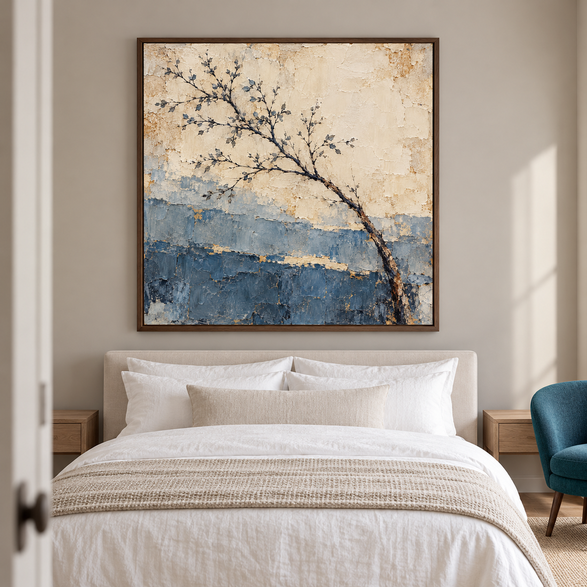 Large square Slate-Arbor painting above a simple bed with white linen against a muted taupe wall, with dark wood details and daylight, viewed slightly from the right.