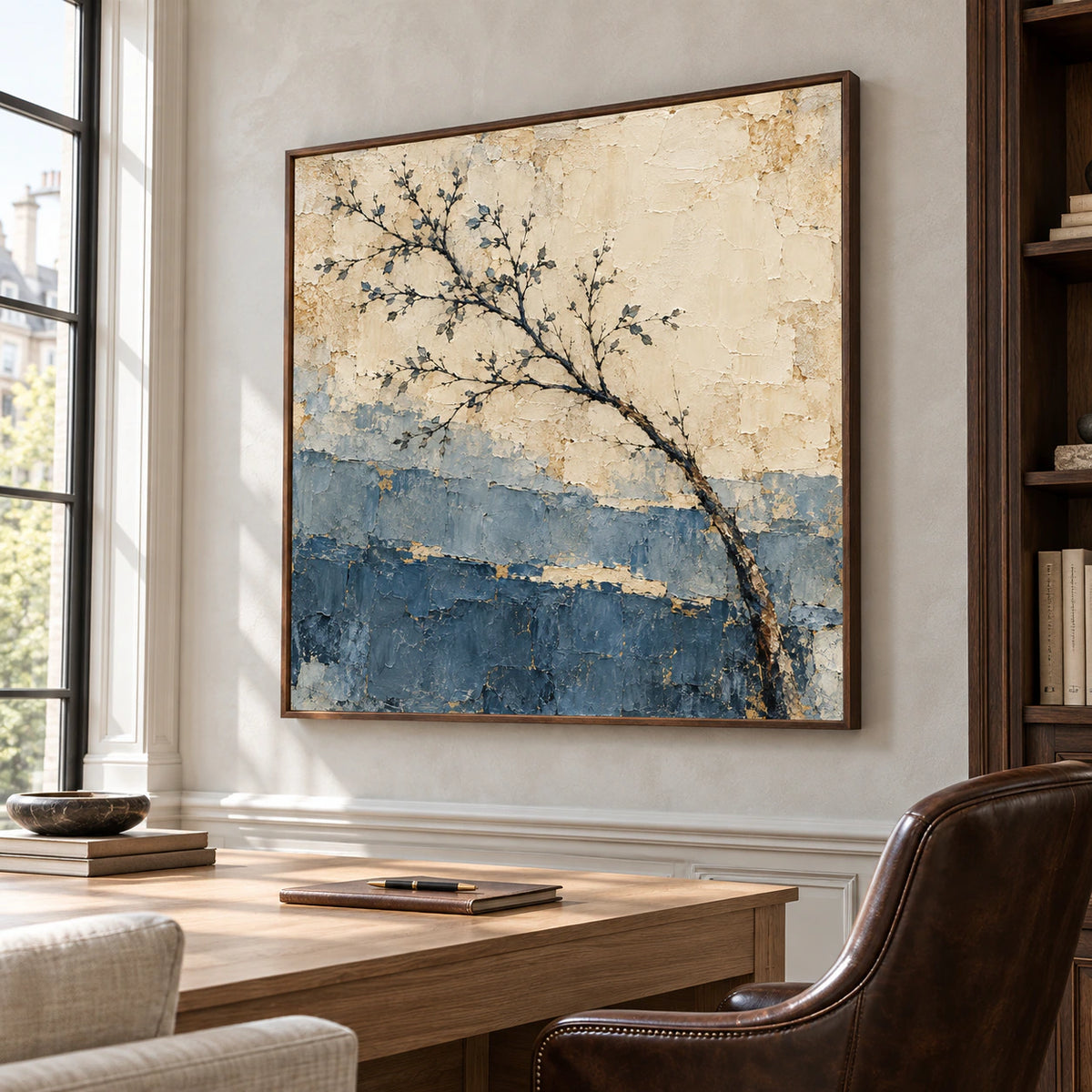 Large square Slate-Arbor painting above a pale oak desk against a soft gray wall in a bright home office with a dark leather reading chair, viewed from the left.