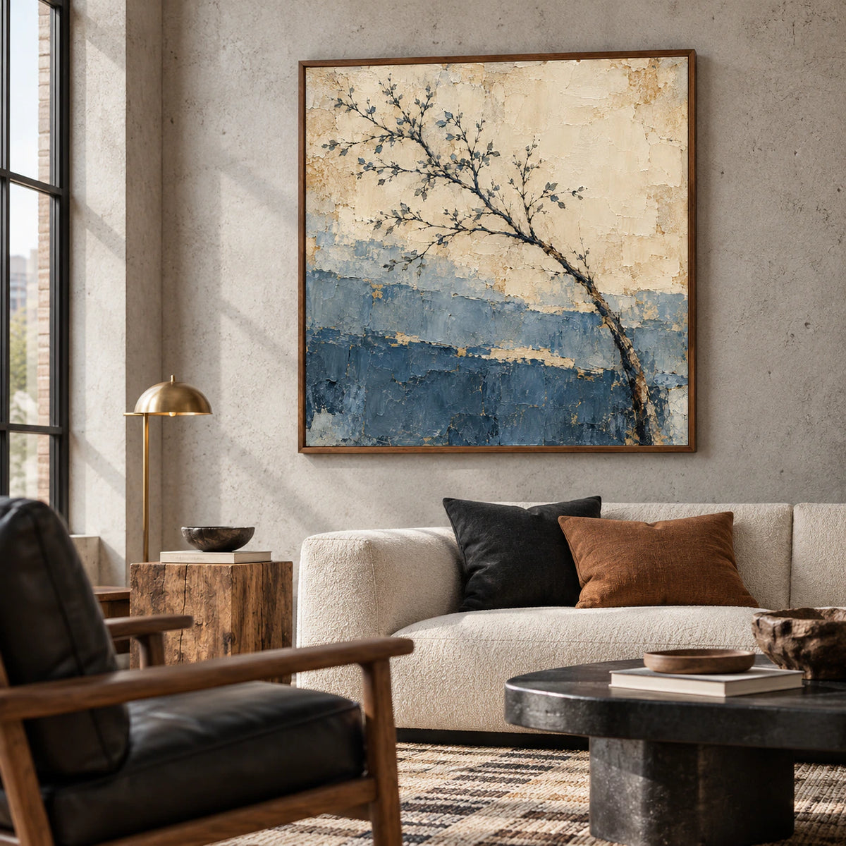 Large square Slate-Arbor painting on a broad concrete wall in an expansive loft lounge with black and natural wood seating, viewed from a low left angle in daylight.