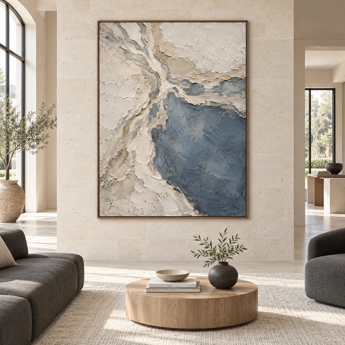 Slate-Confluence displayed at large scale in a bright architectural living space, viewed straight-on.