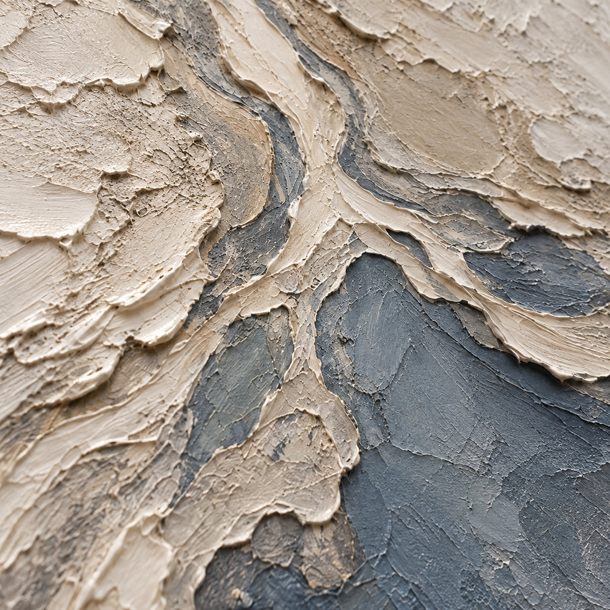 Slate-Confluence oil painting brushwork and impasto detail photographed from an oblique side angle