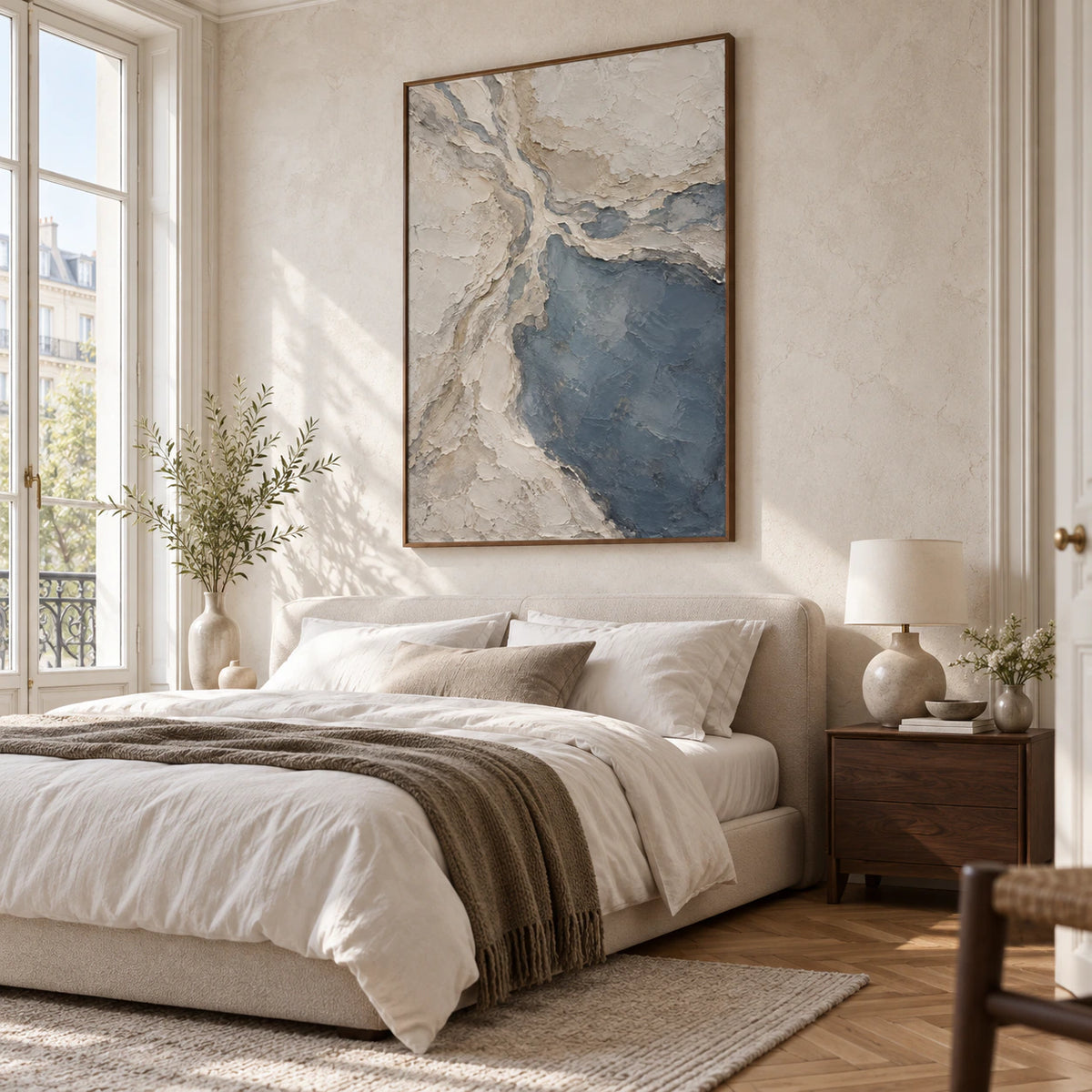 Slate-Confluence above a low bed in a quiet, sunlit bedroom.