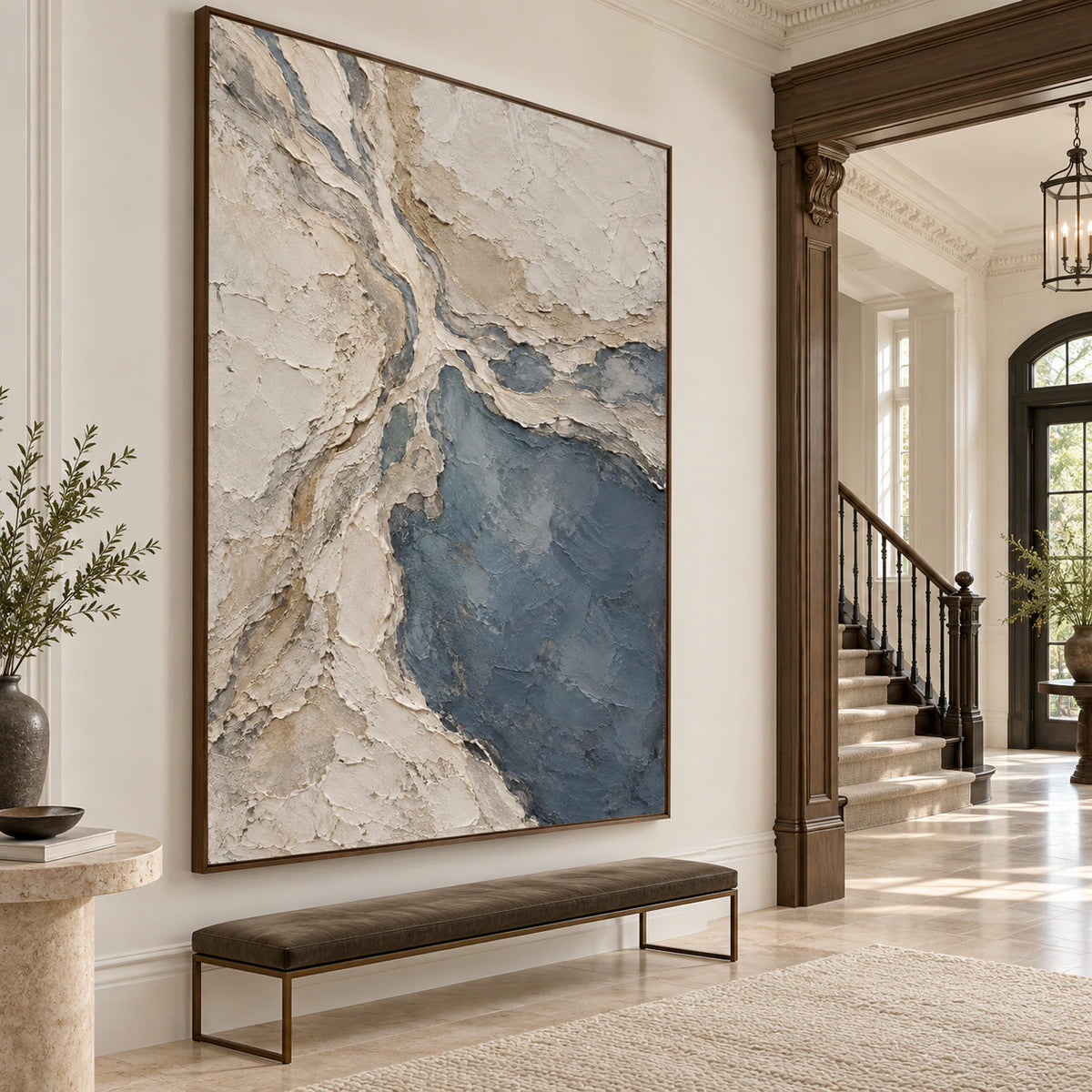 Slate-Confluence at gallery scale in a bright, sculptural foyer.