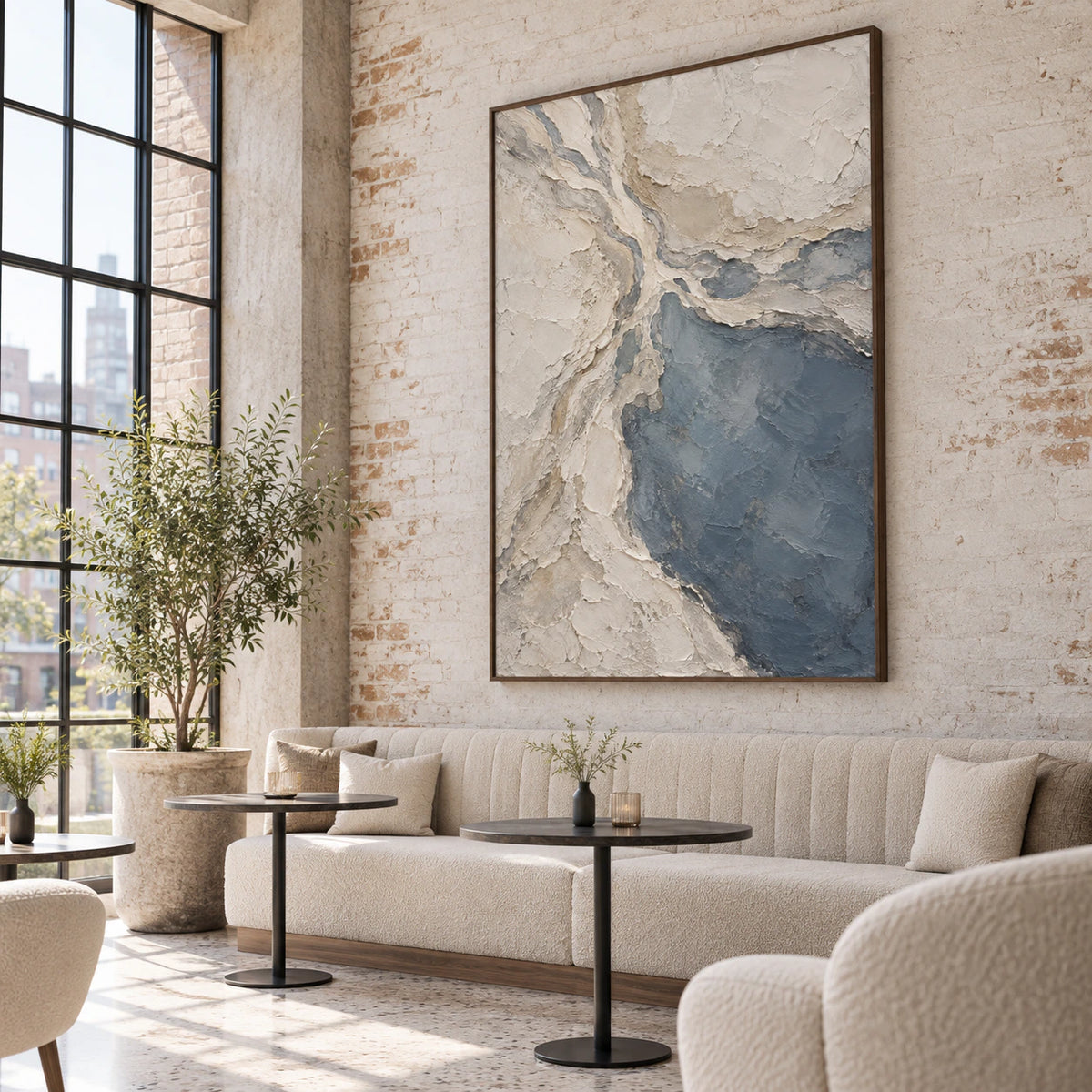 Slate-Confluence as a dramatic large work in an expansive hospitality loft interior.