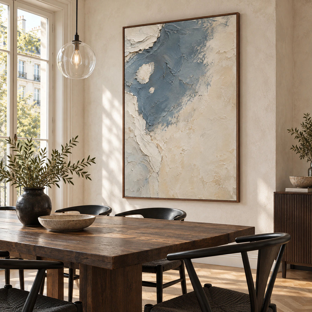 Slate-Drift displayed above a refined dining setting in natural daylight.