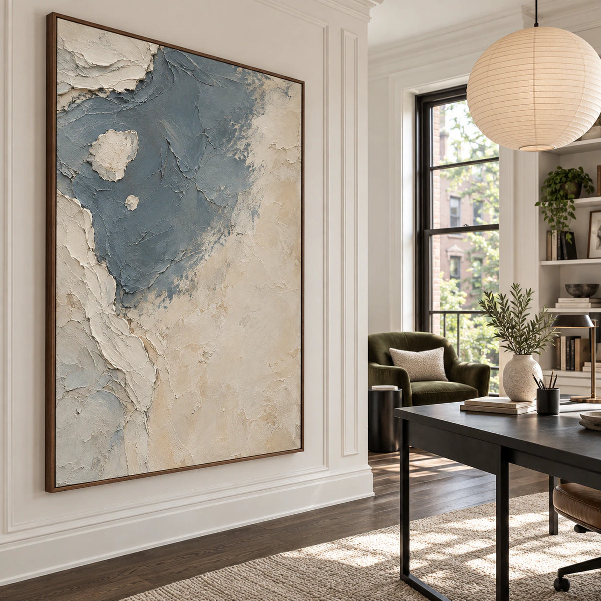 Slate-Drift featured prominently in an airy home office reading space.