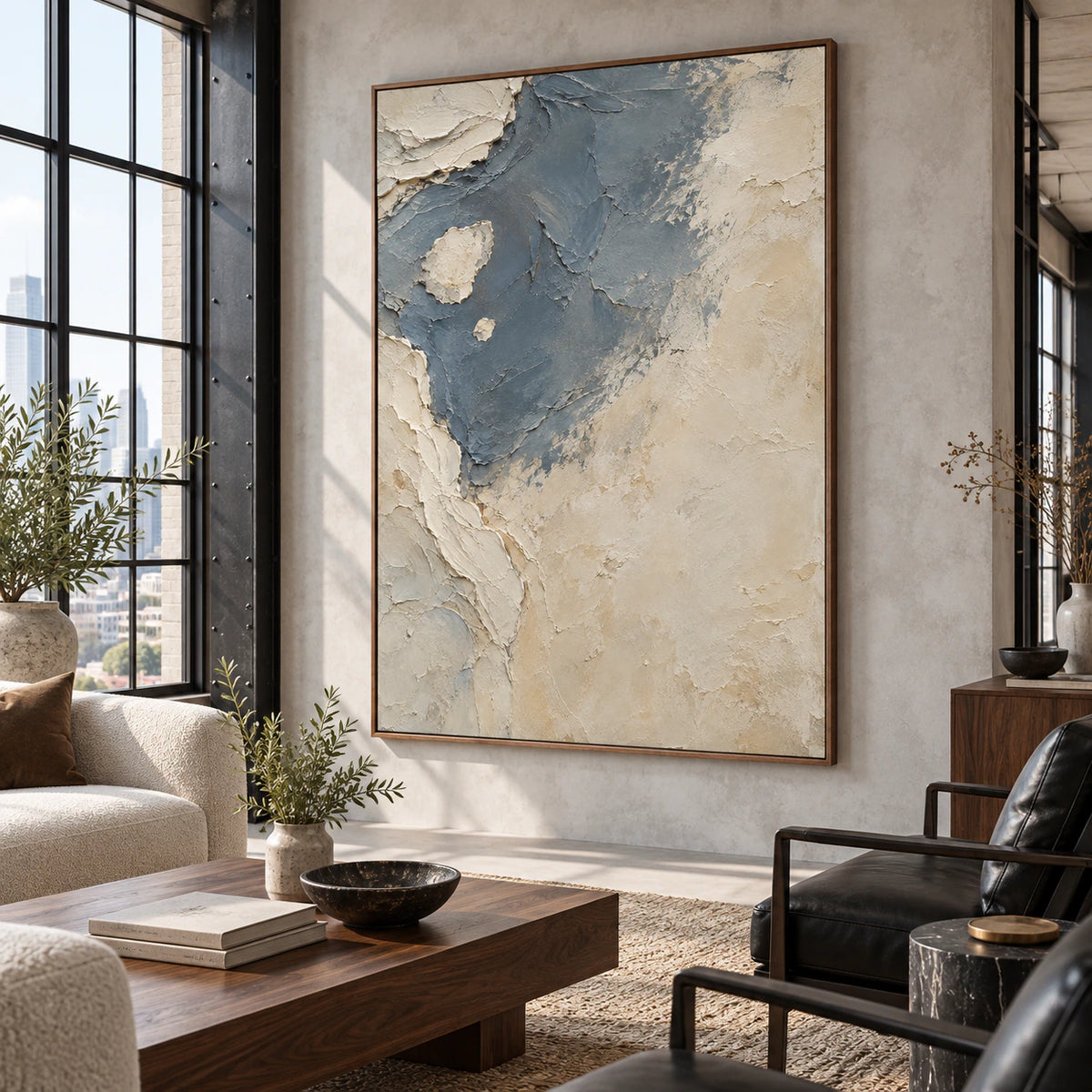 Slate-Drift as a large-scale focal point in an expansive hospitality loft.