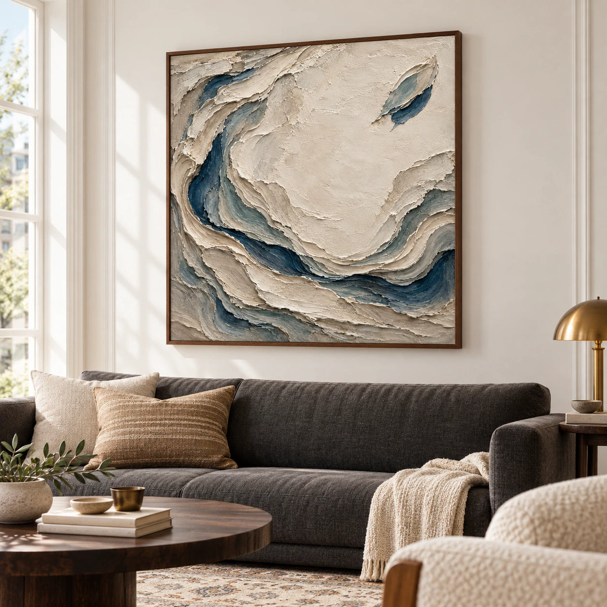Large Slate-Eddies artwork above a low charcoal sofa in a bright living room, with its sculptural cream and slate blue folds in clear view.