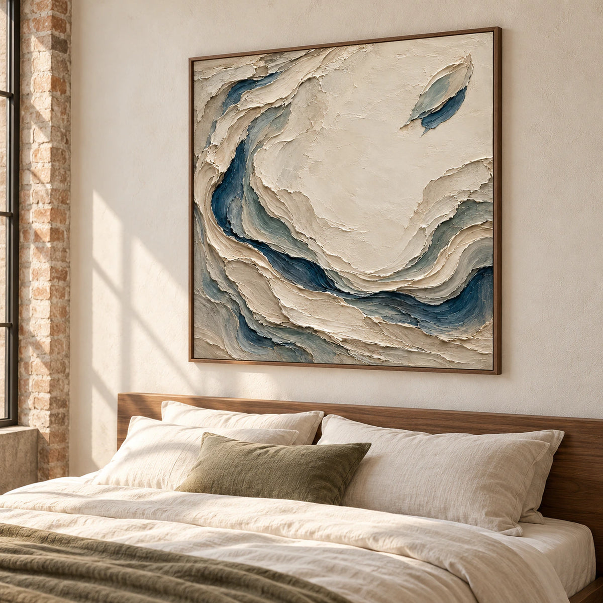 Slate-Eddies artwork above a simple walnut bed in a quiet, sunlit bedroom, its pale center and layered slate folds clearly visible.