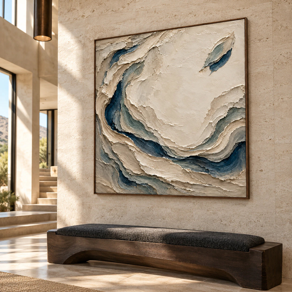 Large Slate-Eddies artwork anchoring a bright gallery-scale foyer with limestone walls and a clear view of its raised surface.
