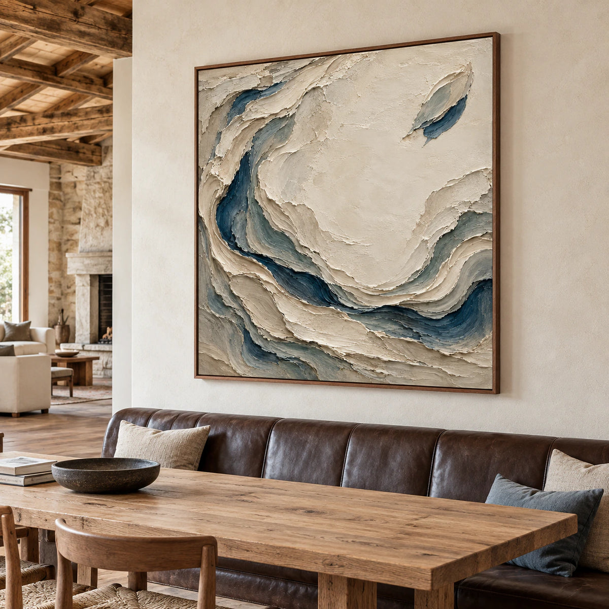 Slate-Eddies artwork displayed at large scale in an expansive loft interior, with slate folds and cream ground distinct against a quiet wall.