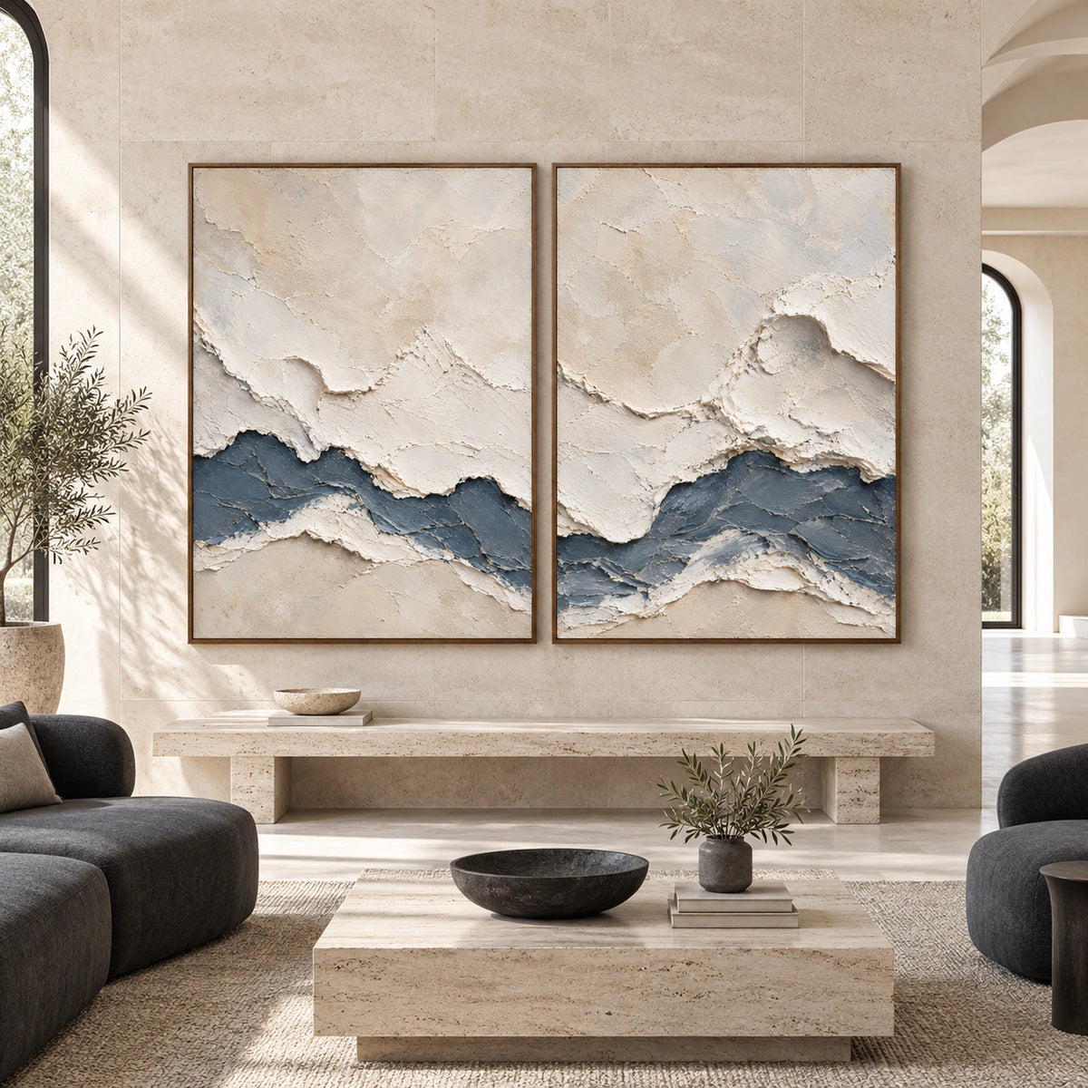 Large straight-on architectural interior featuring the Slate-Embankment diptych in matching slim walnut frames.